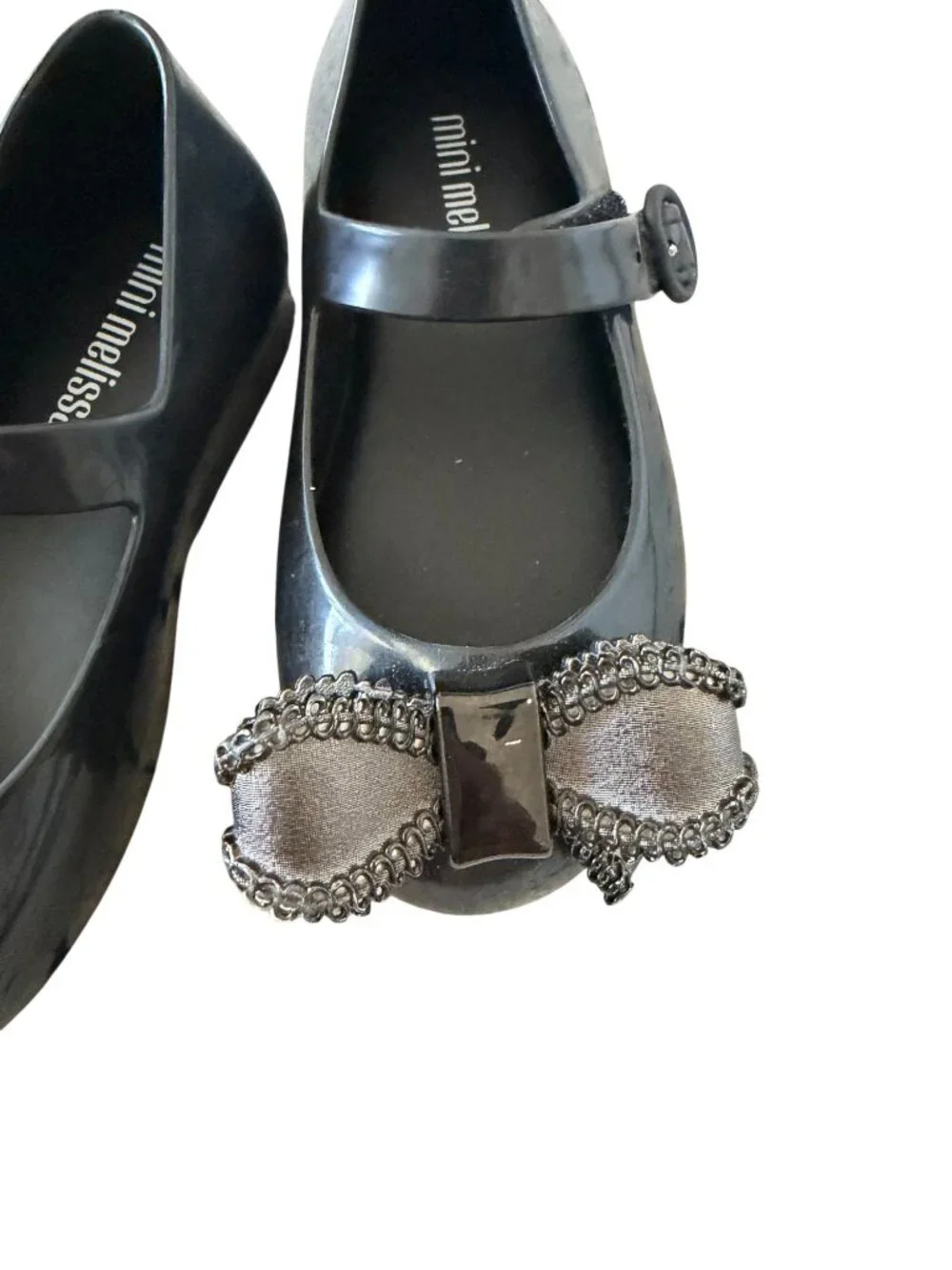 MINI MELISSA Silver Black Bow Mary Janes Flats Size 8
